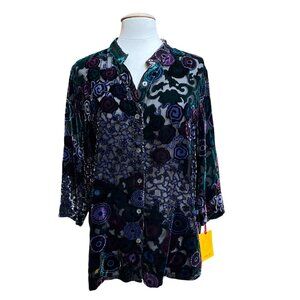 Ruby Rd Velvet Floral Burnout Tunic Top Whimsigoth Button Up Sz16 Black/Multi